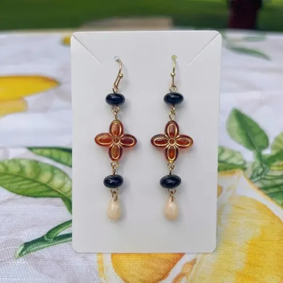 Amber Tone Cross Shape Earthy Boho Bohemian Stone Beige Western Casual Earrings - Picture 1 of 7